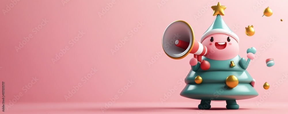 Cheerful cartoon character in a festive Christmas tree costume holds a megaphone displaying holiday spirit and joy in a pastel pink setting during seasonal celebrations Cheerful cartoon character in a festive Christmas tree costume holds a megaphone displaying holiday spirit and joy in a pastel pink setting during seasonal celebrations