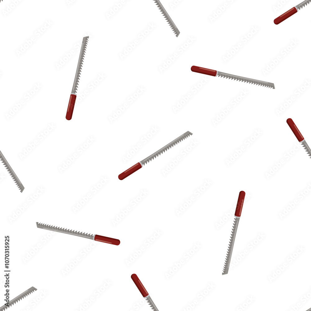 Seamless pattern of hand saws with red handles for woodworking and carpentry, creating a repetitive design on a clean white backdrop Seamless pattern of hand saws with red handles for woodworking and carpentry, creating a repetitive design on a clean white backdrop