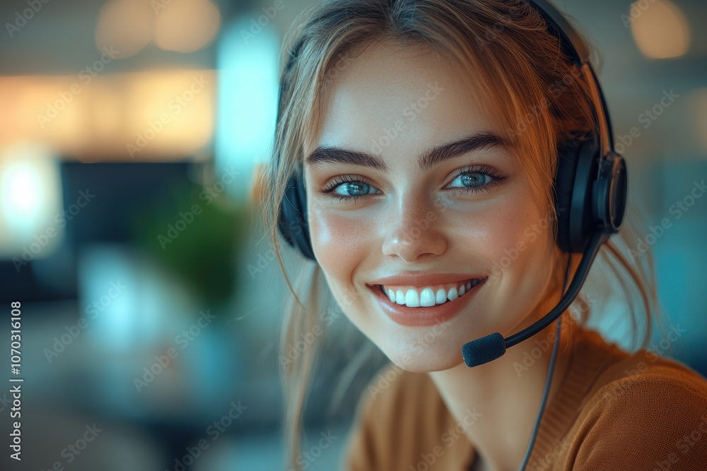 Young woman with headset smiles while attending to customers in a modern office environment during the day Young woman with headset smiles while attending to customers in a modern office environment during the day