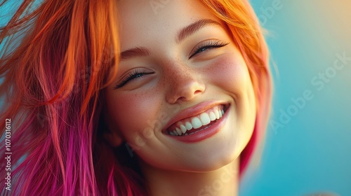 a beautiful young woman with bright colour hair smiling close up hair care concept with a text space