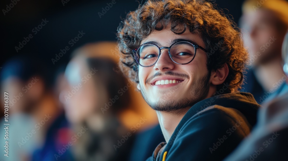 Close-up portrait of a happy male student with curly hair and glasses sitting in the audience at a sports game, with blurred people behind him. Close-up portrait of a happy male student with curly hair and glasses sitting in the audience at a sports game, with blurred people behind him.