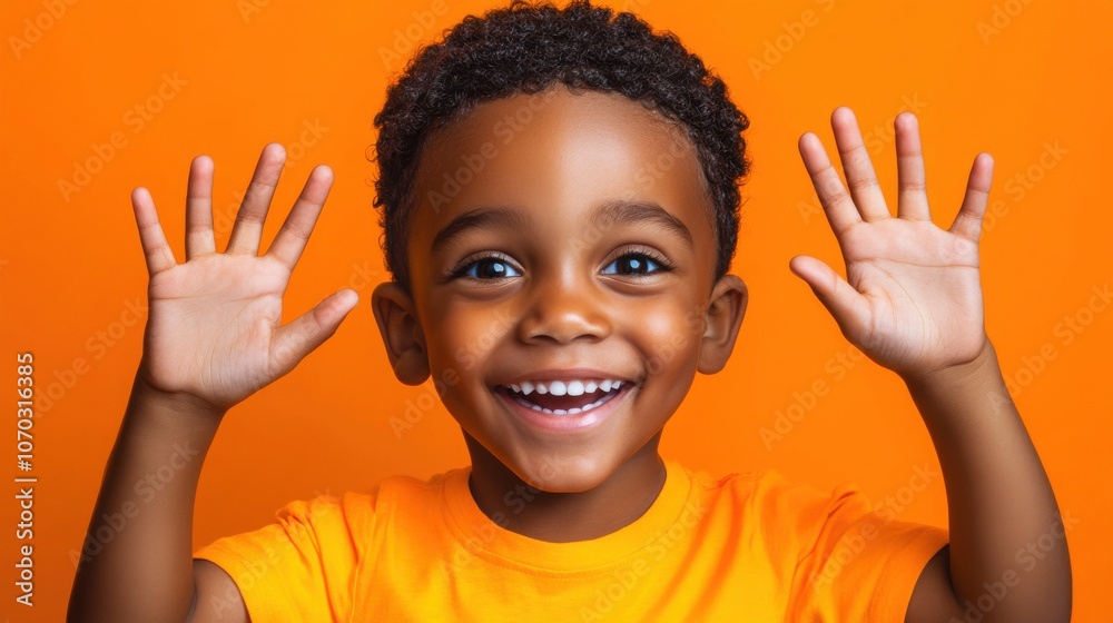 Excited child smiling and raising hands in front of a vibrant orange background during a joyful moment of playtime Excited child smiling and raising hands in front of a vibrant orange background during a joyful moment of playtime