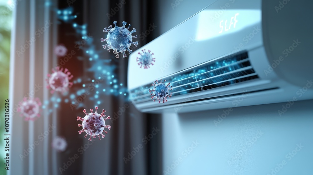 Air conditioner and coronavirus, concept of cleaning air Air conditioner and coronavirus, concept of cleaning air