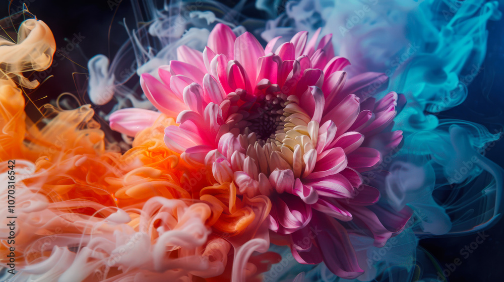 A pink chrysanthemum flower in orange-white-blue smoke on a black background. The bud is surrounded by smoke, which gives it a surreal and dreamy look, close-up. A postcard for March 8th A pink chrysanthemum flower in orange-white-blue smoke on a black background. The bud is surrounded by smoke, which gives it a surreal and dreamy look, close-up. A postcard for March 8th