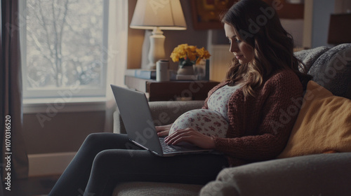Free Download A woman is sitting on a couch with a laptop in front of her - GFXLoad