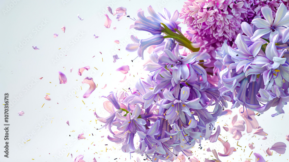 A close-up of a bouquet of purple hyacinth flowers with many petals scattered around. A backdrop for the design of a postcard for March 8. International Women's Day. A symbol of beauty A close-up of a bouquet of purple hyacinth flowers with many petals scattered around. A backdrop for the design of a postcard for March 8. International Women's Day. A symbol of beauty