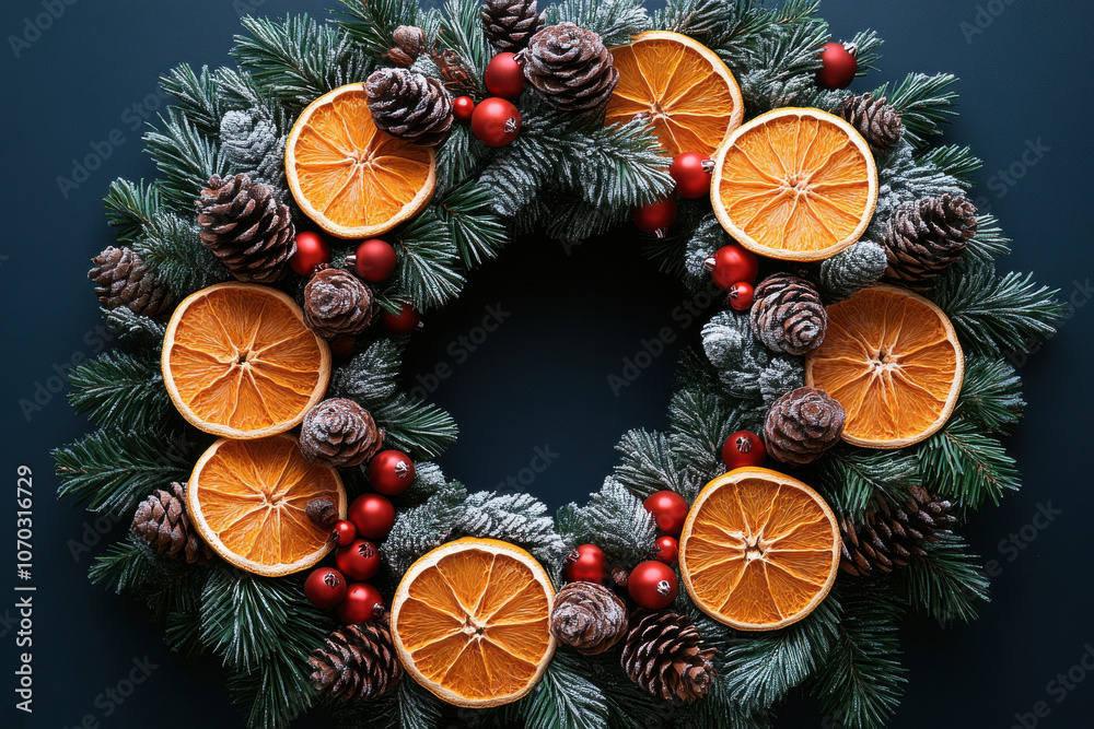 A Christmas wreath made of dried orange slices, dry berries, cones, pampas grass, paper ornaments A Christmas wreath made of dried orange slices, dry berries, cones, pampas grass, paper ornaments
