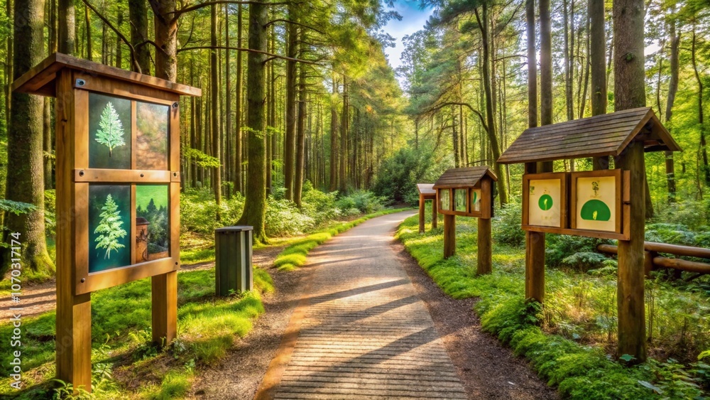 A scenic forest trail with eco-friendly wooden signage and information boards about local wildlife, emphasizing sustainable tourism and preservation A scenic forest trail with eco-friendly wooden signage and information boards about local wildlife, emphasizing sustainable tourism and preservation