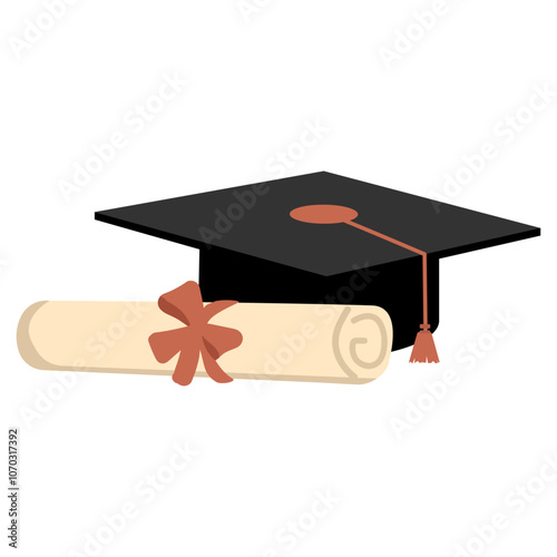  graduation cap and diploma scroll with a red ribbon