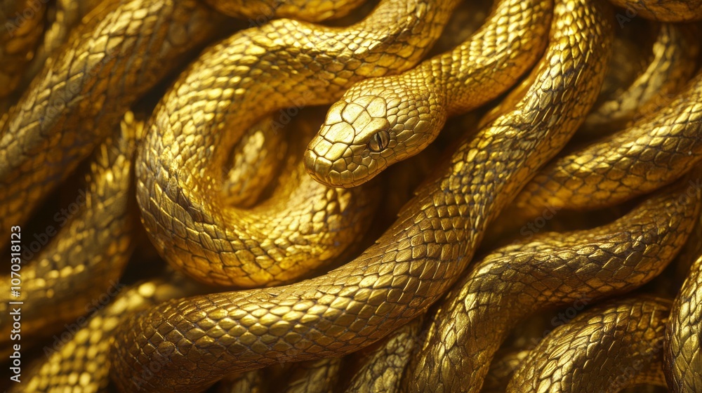 Obraz premium Abstract background with tangled golden snakes, shiny metallic scales texture, unique background for new 2025 year