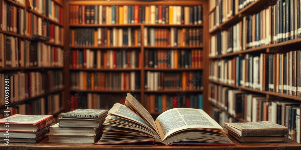 Blurred background of a bookshelf filled with numerous old books in a library, literature, research Blurred background of a bookshelf filled with numerous old books in a library, literature, research