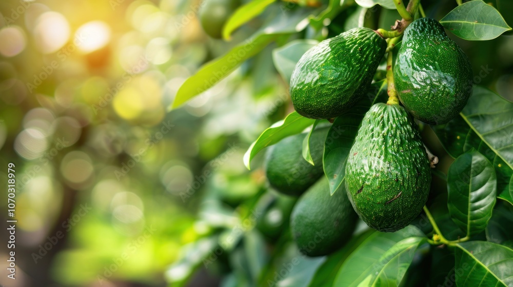 Lush avocados hanging from dense green trees. Lush avocados hanging from dense green trees.