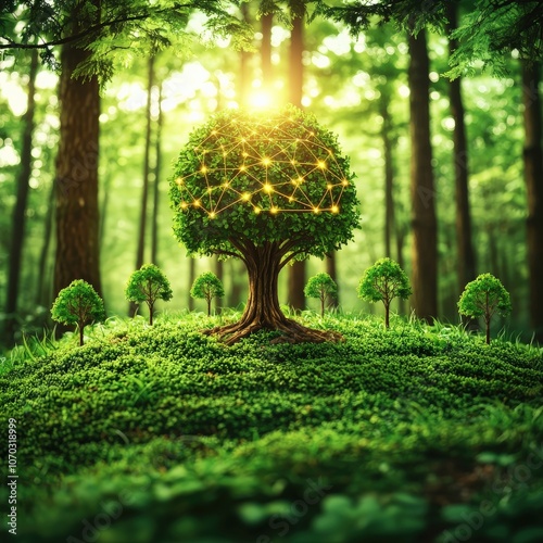 A luminous, enchanting tree stands in a vibrant green forest, surrounded by smaller trees, embodying a magical, serene atmosphere.