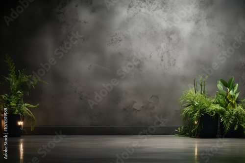 Modern Industrial Room with Potted Greenery on Dark Concrete - Space for Text