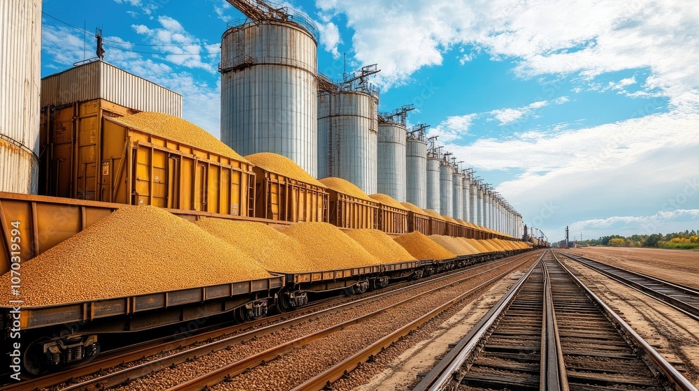 Rail cars filled with grain, ready for transport at a major shipping hub, showing the interconnected supply chain Rail cars filled with grain, ready for transport at a major shipping hub, showing the interconnected supply chain