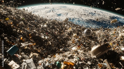 Wallpaper Mural Realistic 3D depiction of dense space debris near Earth, showcasing the environmental consequences of unregulated satellite disposal. Torontodigital.ca