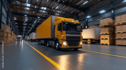 Yellow Truck Driving Through Warehouse Center