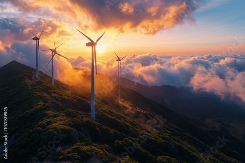 Wind turbines on a mountainside at sunset with dramatic clouds and distant hills