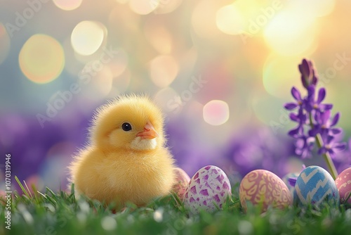 Small yellow chick surrounded by colorful Easter eggs and flowers in a bright spring setting