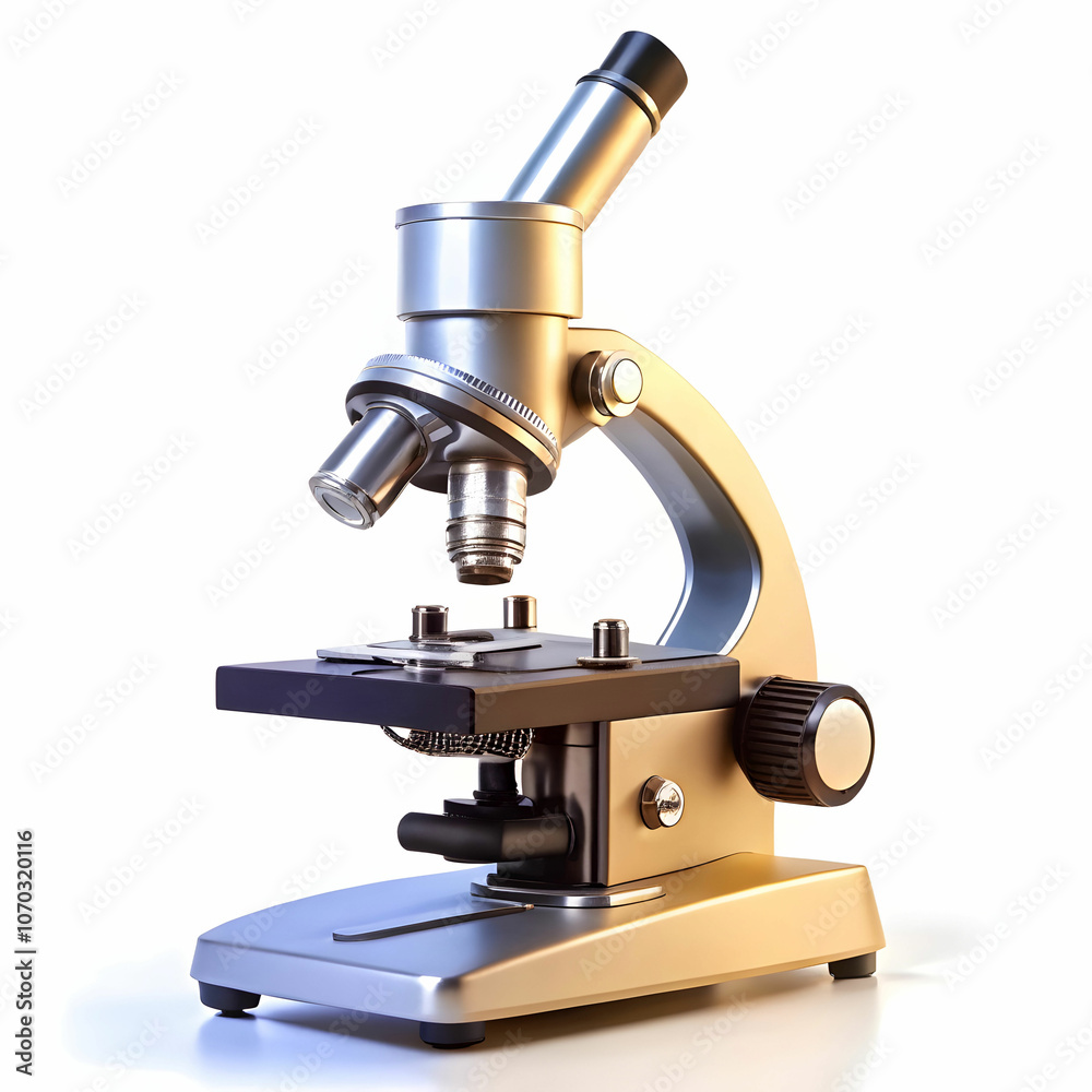 A sleek, modern microscope standing upright, A sleek, modern microscope standing upright,
