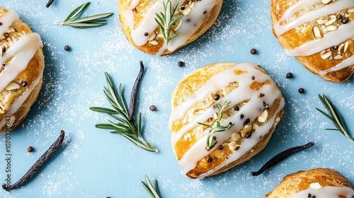 Bear claw pastry with sweet glaze and almond filling on a blue background, with decorative sprigs of rosemary and vanilla beans photo