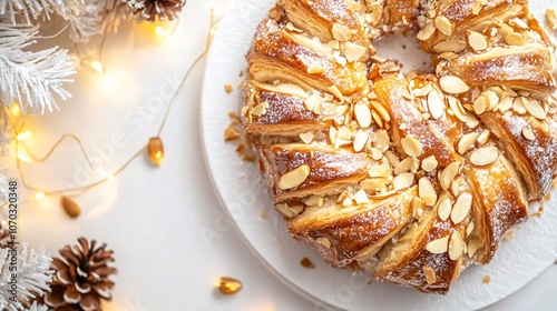 Bear claw pastry with golden glaze and almond slivers on a white background, with light holiday garlands photo