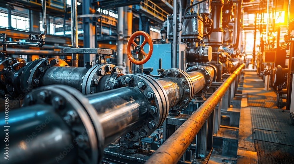Industrial Pipework with Valve in Factory Setting Industrial Pipework with Valve in Factory Setting