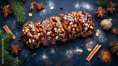 Bear claw with a crisp glaze and slivered almonds on a dark blue background, with holiday-themed decorations and spices photo