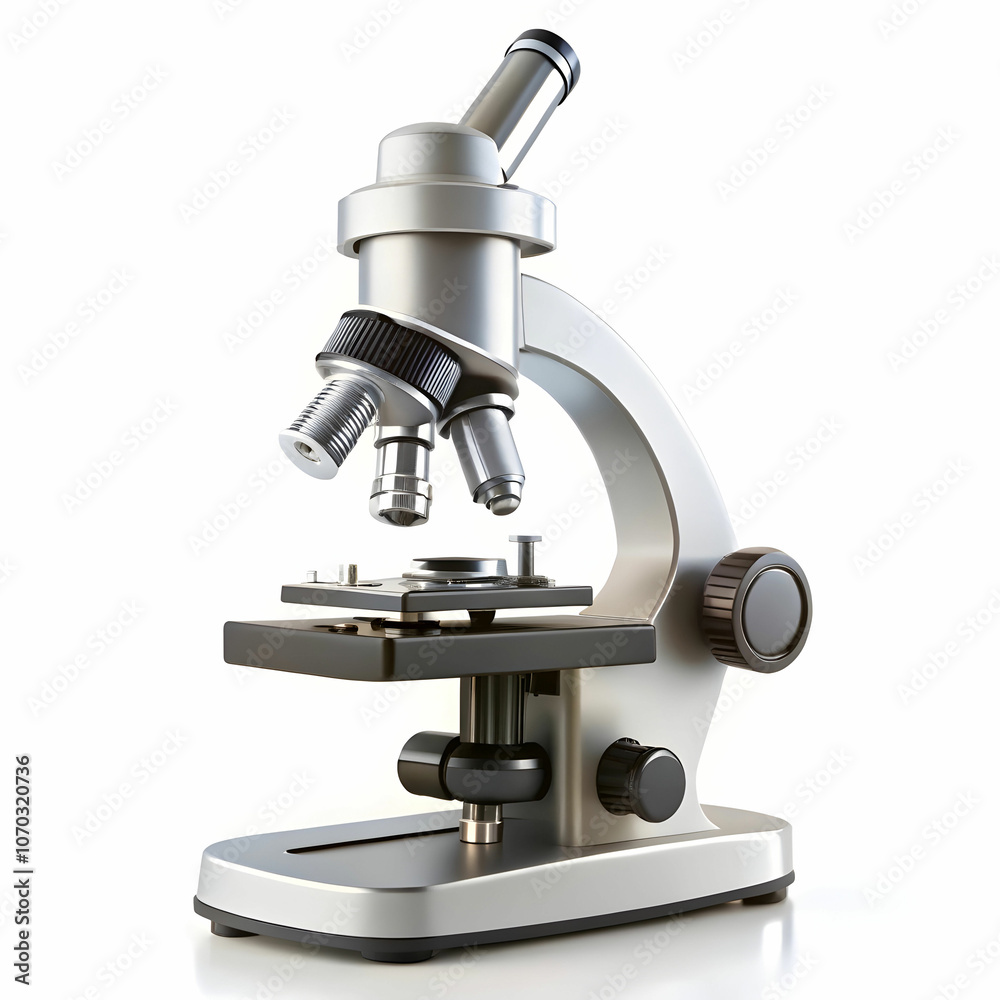 A sleek, modern microscope standing upright, A sleek, modern microscope standing upright,