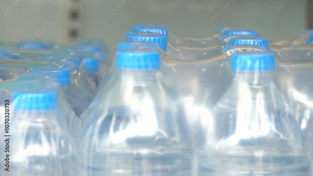 A row of plastic bottles of water are lined up on a shelf. The bottles are clear and blue