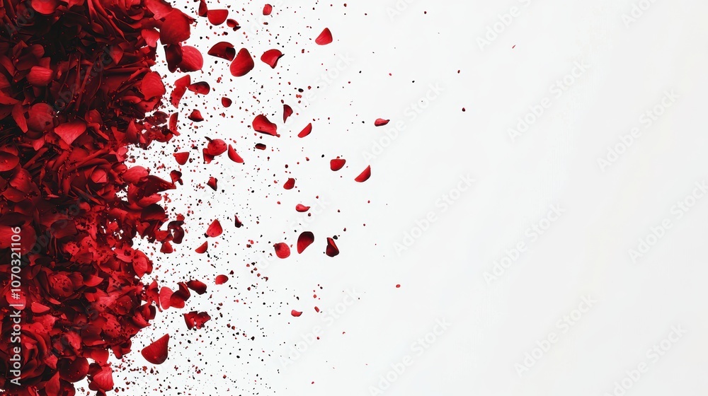 Delightful red rose petals scatter elegantly on a white background for stunning visual impact Delightful red rose petals scatter elegantly on a white background for stunning visual impact