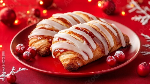 Classic bear claw with buttery layers and sugar glaze on a red background, with decorative berries and a hint of cinnamon photo