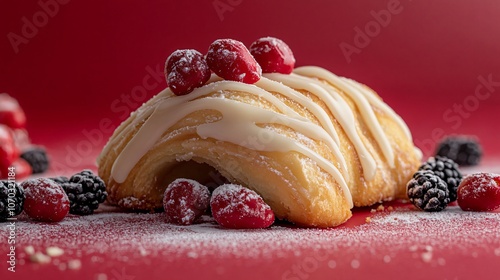 Classic bear claw with buttery layers and sugar glaze on a red background, with decorative berries and a hint of cinnamon photo