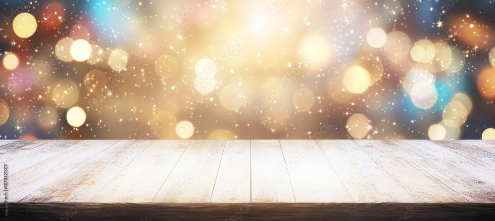 Empty Rustic Wood Table Top In Front Of Defocused Abstract Twinkling Lights, Holiday Background. Empty Rustic Wood Table Top In Front Of Defocused Abstract Twinkling Lights, Holiday Background.
