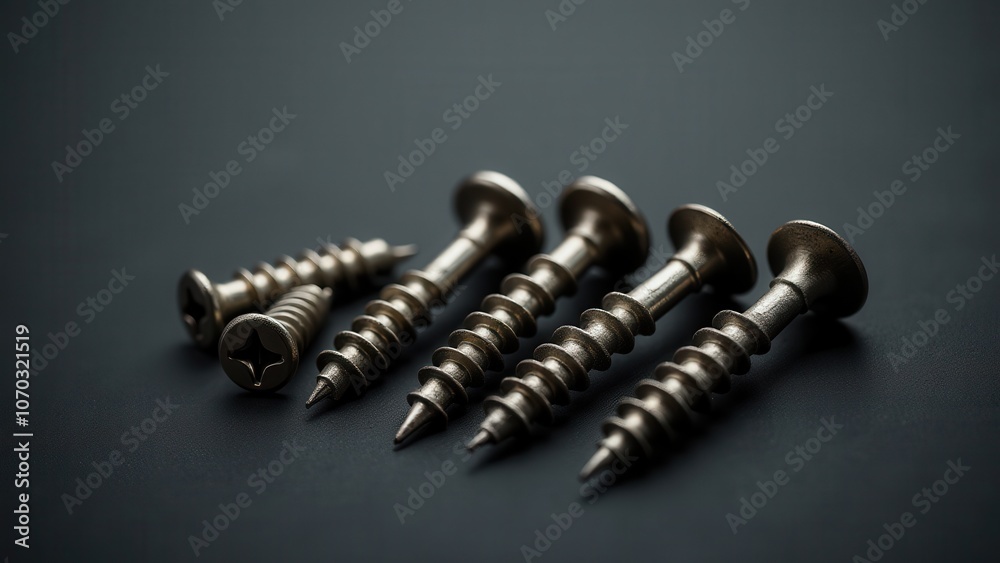 Screws and bolts for furniture repair. Description: Six shiny metal screws are neatly aligned on a dark surface, showcasing their spiral ridges and flat heads. Screws and bolts for furniture repair. Description: Six shiny metal screws are neatly aligned on a dark surface, showcasing their spiral ridges and flat heads.