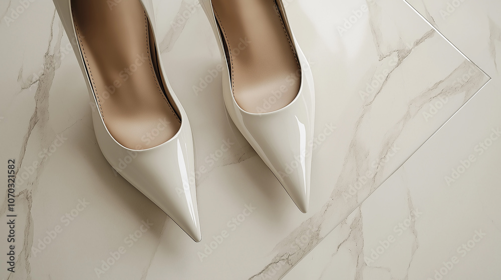 Aerial view of a pair of high heels on a white marble floor, capturing clean lines and luxurious textures Aerial view of a pair of high heels on a white marble floor, capturing clean lines and luxurious textures