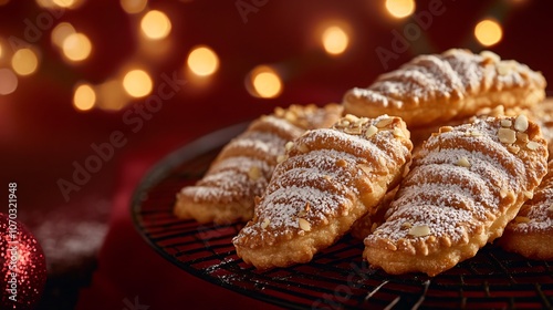 Crispy bear claw with almond filling and powdered sugar on a dark red background, with delicate holiday-themed lights photo