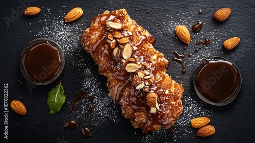 Fluffy bear claw with a golden-brown crust on a charcoal background, surrounded by almonds and caramel sauce photo