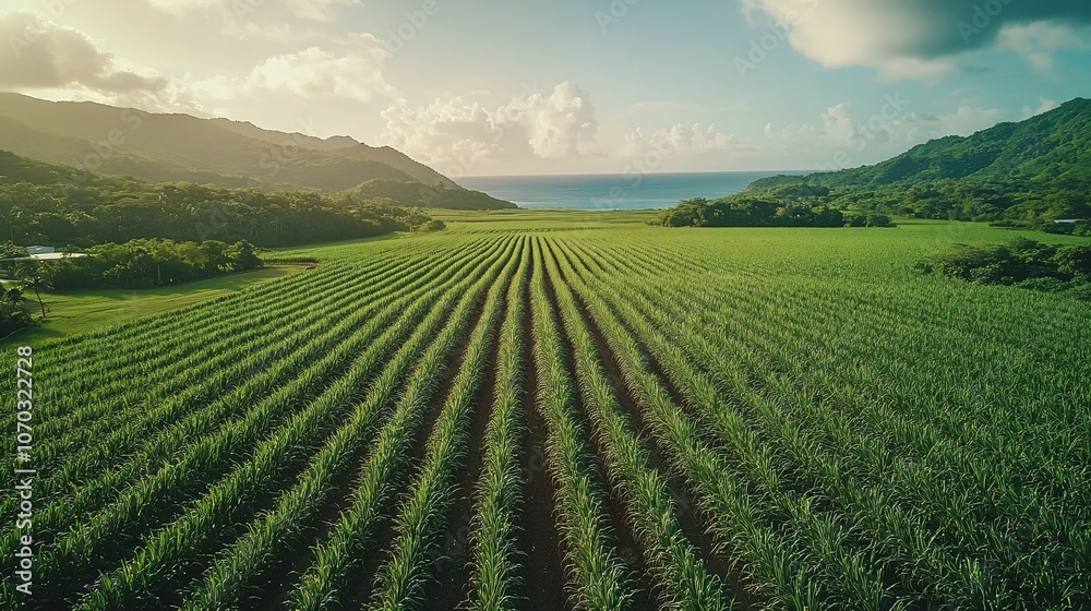 Aerial view of lush sugar cane fields in the Caribbean countryside , agriculture, plantation, Caribbean, crops, farmland Aerial view of lush sugar cane fields in the Caribbean countryside , agriculture, plantation, Caribbean, crops, farmland