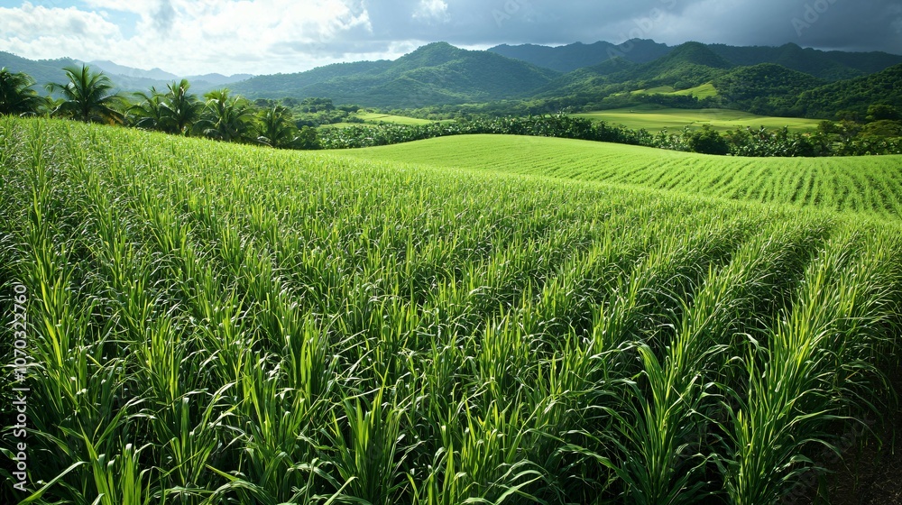 Fototapeta premium Aerial view of lush sugar cane fields in the Caribbean countryside , agriculture, plantation, Caribbean, crops, farmland