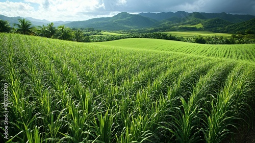 Aerial view of lush sugar cane fields in the Caribbean countryside , agriculture, plantation, Caribbean, crops, farmland