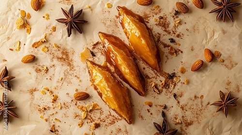 Golden bear claw pastry with melted caramel and almonds on a beige background, with hints of star anise and cinnamon photo