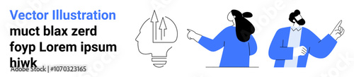 Two people having a discussion while pointing at a light bulb with upward arrows, representing creativity and vision. Ideal for business strategy, innovation, teamwork, brainstorming, leadership