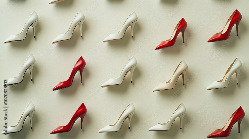 Arrange high heels in a geometric or grid pattern on a plain background, with each heel angled for optimal visibility Arrange high heels in a geometric or grid pattern on a plain background, with each heel angled for optimal visibility