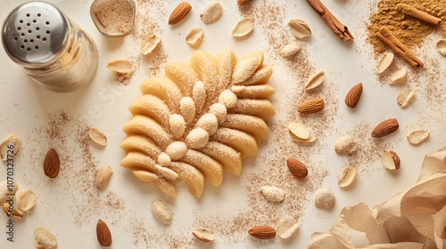 Golden bear claw with sugared almonds on a soft cream background, surrounded by whole nutmeg and a cinnamon shaker photo