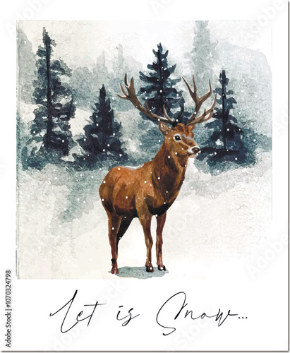 Freehand watercolor winter background, snow, deer. Hand drawn snowy winters watercolour illustration. Vector. Scandinavian landscape card.