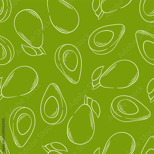 Seamless pattern with hand drawn avocado in line art style on green background. Ideal for healthy food, eco friendly design, packaging, textile and backgrounds.