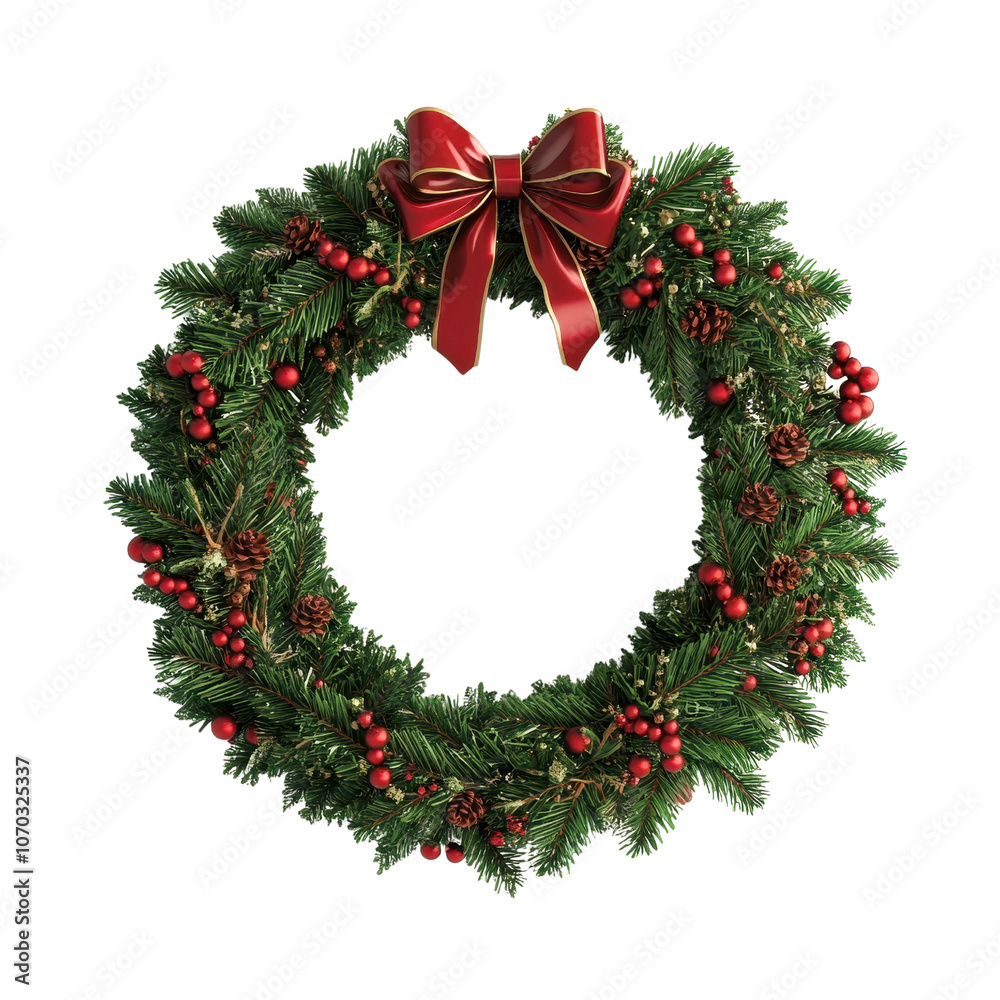 A festive wreath adorned with red berries and a red ribbon bow, symbolizing holiday cheer., isolated on a transparent background. A festive wreath adorned with red berries and a red ribbon bow, symbolizing holiday cheer., isolated on a transparent background.