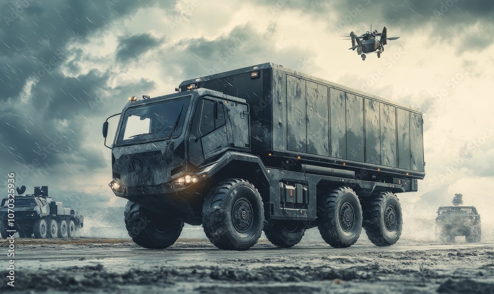 Obraz premium Military vehicles in a stormy environment.