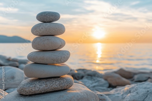 Stones standing on top of each other against the backdrop of a sunset on the seashore